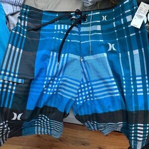 Hurley Men's Blue and Black Plaid Hybrid Shorts